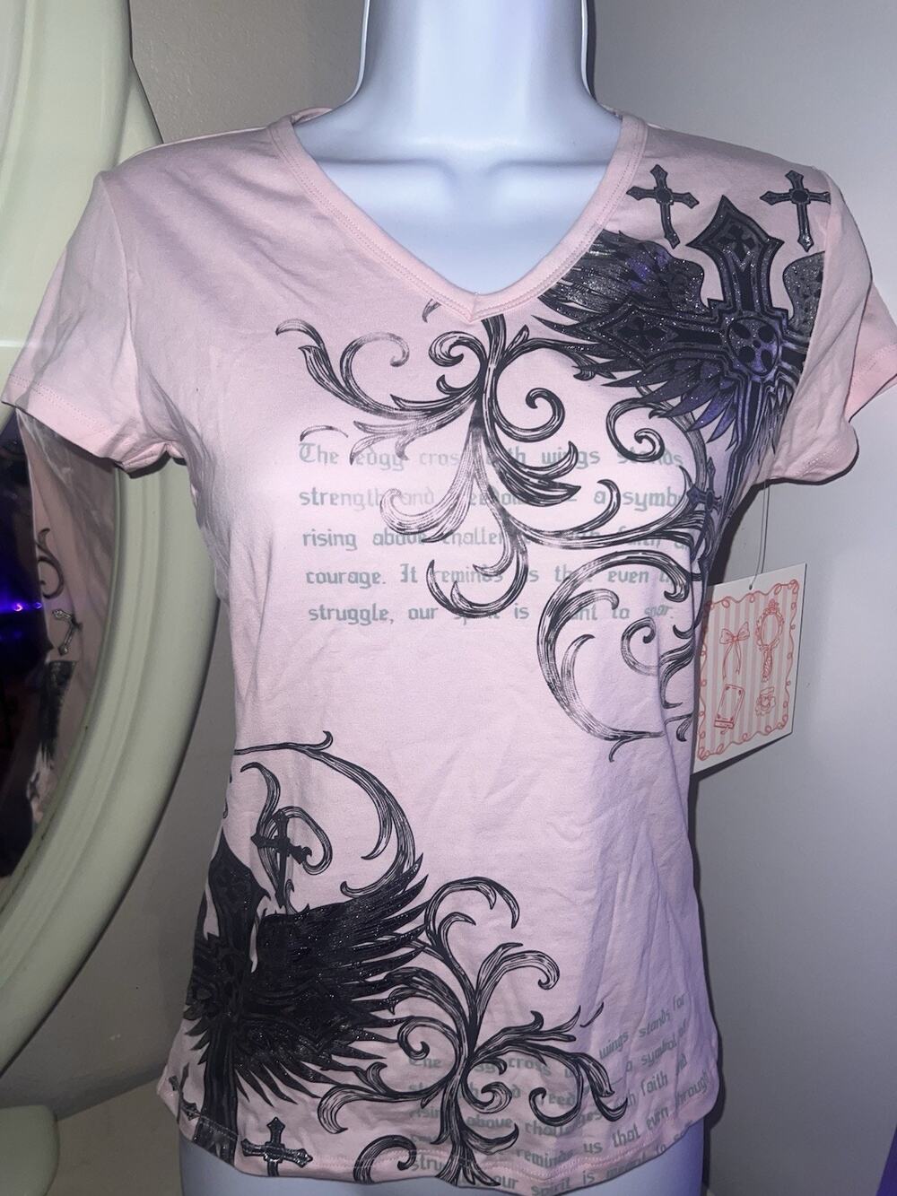 NWT Baby Pink Y2K V-Neck Short Sleeve Top Silver Crosses Size XS